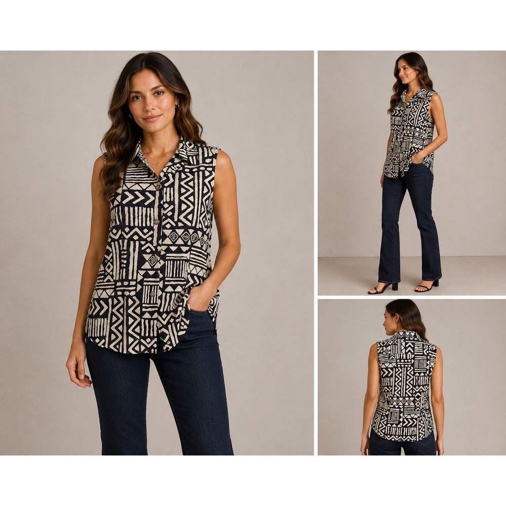 Central Falls Vintage Linen Cotton Sleeveless Navy Button Down Tribal Top Medium